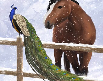 Inspirational New Year's Card, Beautiful Christmas Card, Holiday Card, Horse Art, Peacock Art, Equine Art, Peacock Feathers