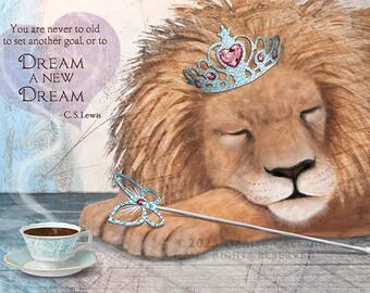 Inspirational Card "Dream a New Dream" Sleeping Lion Painting, Card About Dreams, Lion Art, Lion at a Tea Party, Encouragement Card