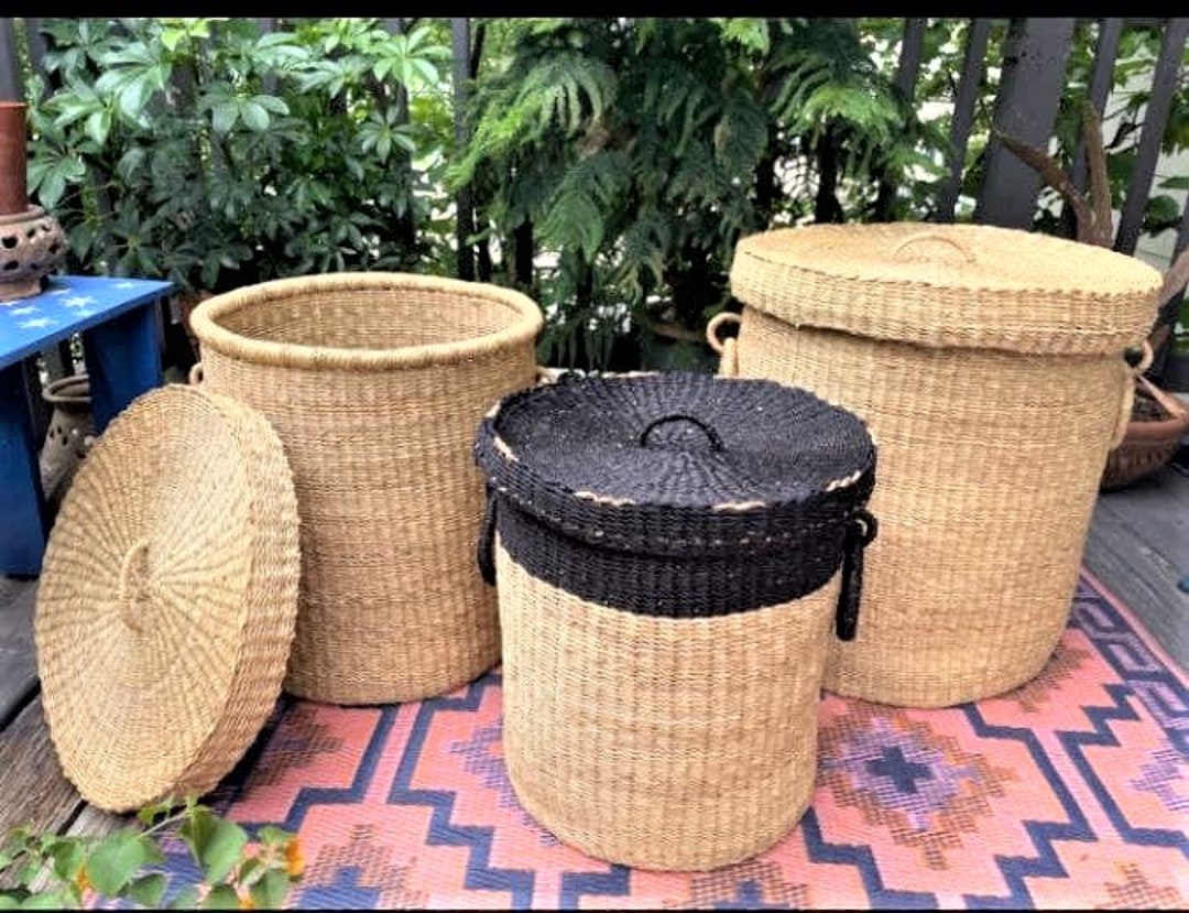 Set of 3 Woven Laundry Basket With Lid, Large Laundry Basket, African