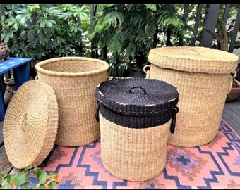 Set of 3 Woven Laundry Basket With Lid, Large Laundry Basket, African Laundry Basket
