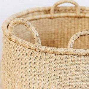 Round Basket with Handles | Storage & Laundry Hamper | Handwoven Natural Coiled Elephantgrass Basket | Wicker Basket | Tall Basket