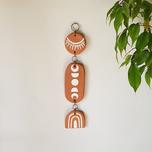 Terracotta moon phases and circles wall hanging Modern clay wall hanging Muted ceramic geometric wall art