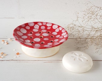 Amanita muscaria mushroom pedestal soap dish with drains Woodland mushroom decor Modern round soap holder Mother day gift from daughter