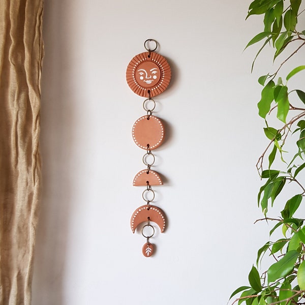 Terracotta sun and moon phases wall hanging Sun face wall decor Modern clay wall hanging Ceramic geometric wall art