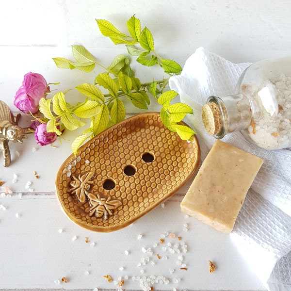 Bee ceramic soap dish with drain Soap holder for kitchen Honeycomb home decor Bee lover gift