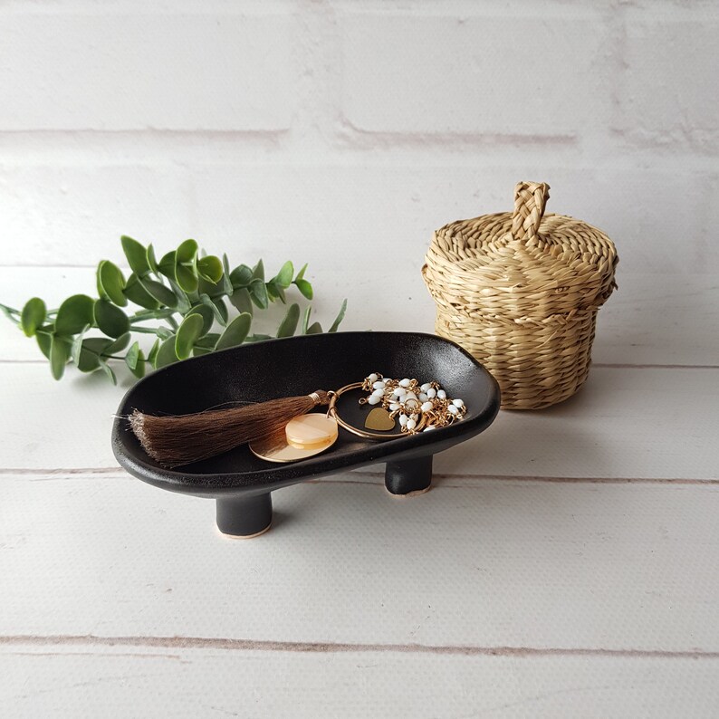 Ceramic jewelry dish modern Pottery matte black jewelry stand Etsy