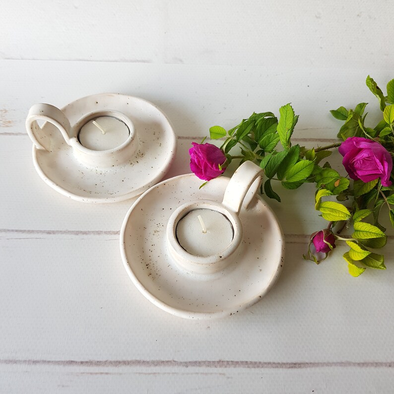 White Tealight Candle Holder With Handle Handmade Ceramic Etsy