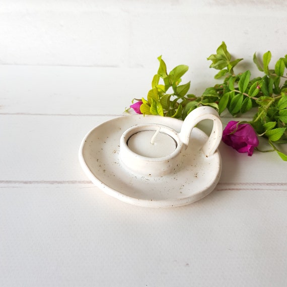 White Tealight Candle Holder With Handle Handmade Ceramic Etsy