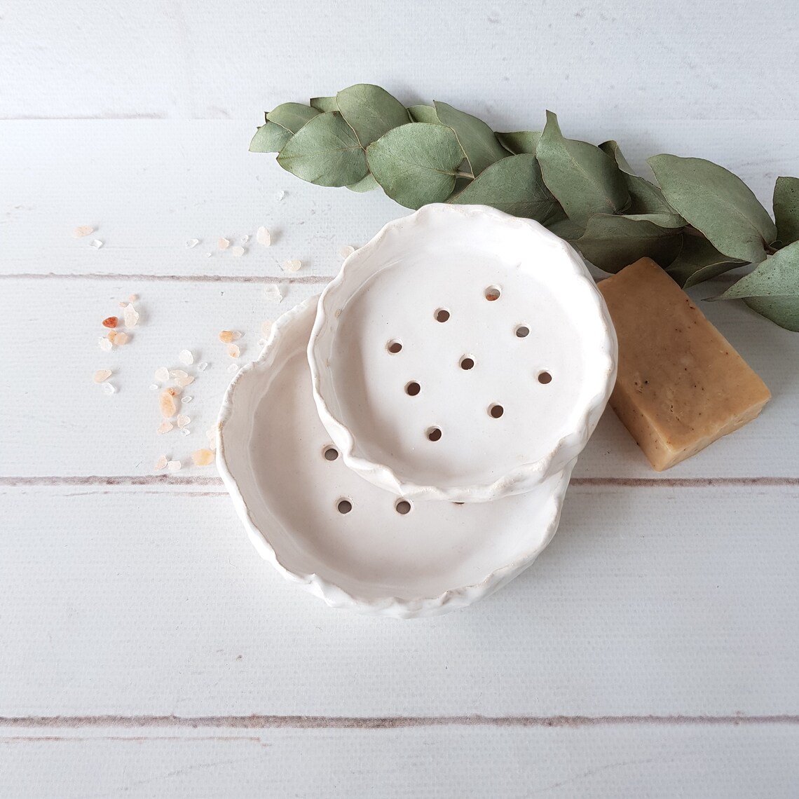 White ceramic soap dish with drains Modern round soap holder Etsy