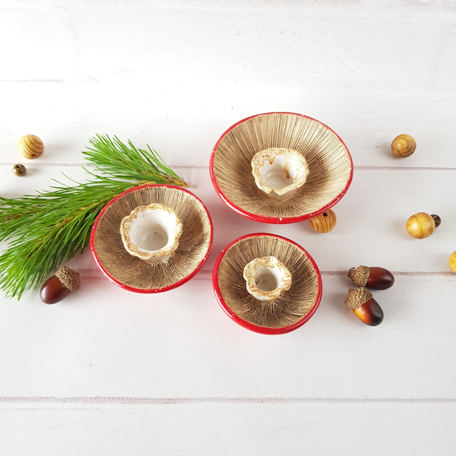 Ceramic amanita candle holder Handmade candle stick holder Woodland mushroom decor Fly agaric mushroom gift for mom - Set of 3 sizes