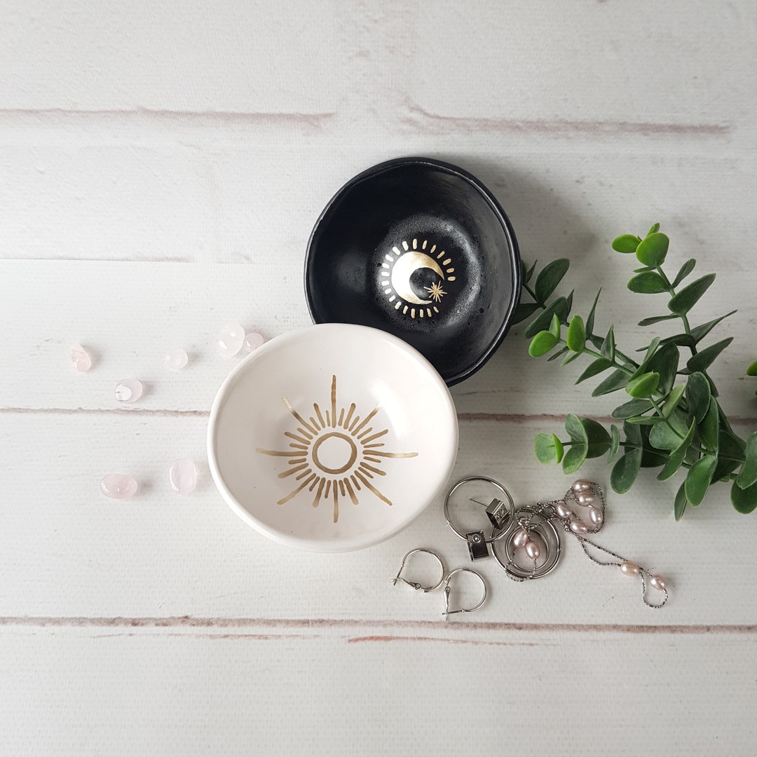 Set of Two Ceramic Ring Dishes Celestial Jewelry Dish Moon and Sun