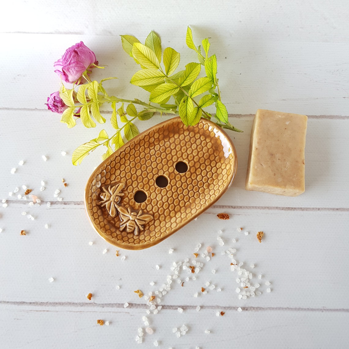 Bee ceramic soap dish with drain Soap holder for kitchen Etsy