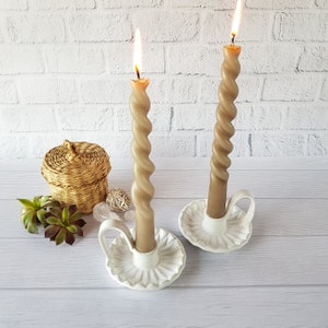Ceramic white wavy candle holder with handle Minnimal nordic style Handmade candle stick holder