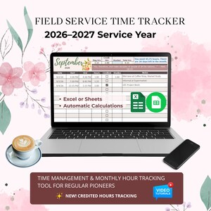 Può includere: Un computer portatile che mostra un tracker del tempo di servizio per l'anno di servizio 2026-2027, con compatibilità Excel o Sheets, calcoli automatici e tracciamento delle ore accreditate. Una tazza di caffè e uno smartphone sono vicini.