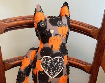 Handmade Halloween Stuffed Cat | Country Farmhouse Stuffed Cat | Primitive Halloween Decor | Folk Art Halloween | Primitive Stuffed Cat