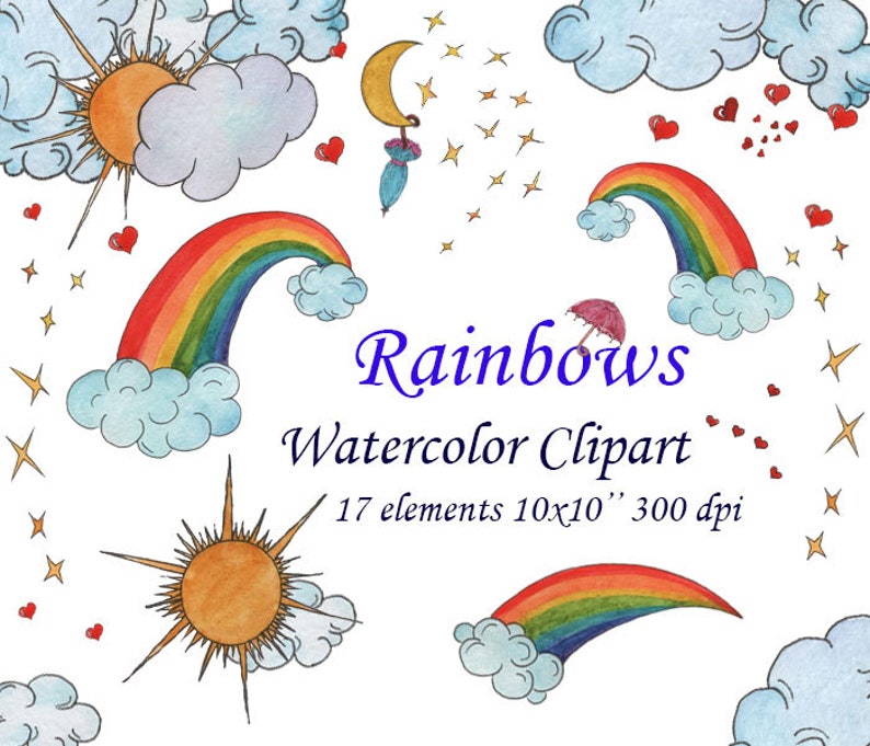 Watercolor Rainbow Umbrella Star watercolor clipart Digital Images Clipart Cloud Sun Painted Watercolor image Digital