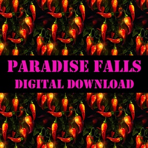 Puede incluir: Un patrón digital sin costuras que presenta chiles rojos con hojas verdes sobre un fondo negro. El texto "PARADISE FALLS DIGITAL DOWNLOAD" se muestra en letras rosas sobre una pancarta negra.