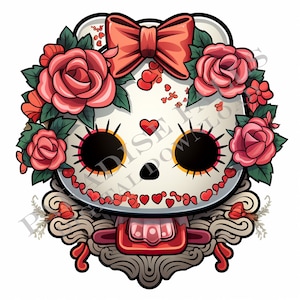 Pink Kawaii Kitty Dia De Los Muertos Sugar Skull - Scenic Print - Instant Art - Printable Wall Decor - INSTANT DIGITAL DOWNLOAD