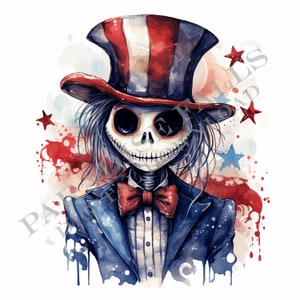 May include: A watercolor illustration of a skeleton wearing a blue suit, red bow tie, and a red, white, and blue top hat. The background features red, white, and blue stars and splatters of paint.