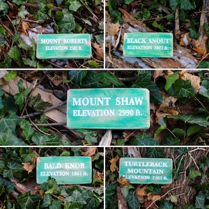 May include: Four wooden signs with green paint and white lettering, each with a different mountain name and elevation. The signs are on a bed of green ivy.