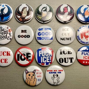 May include: A collection of round buttons with various designs and text. Some buttons feature bird illustrations, while others display phrases like "Be Pretti Good" and "Fuck ICE." The buttons are white with colorful graphics.