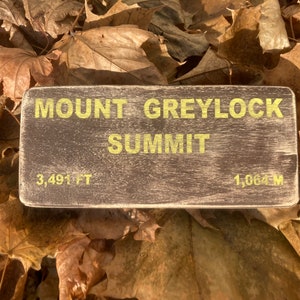 May include: A brown wooden sign with the text "Mount Greylock Summit" in yellow letters. The sign also includes the measurements "3,491 FT" and "1,064 M".