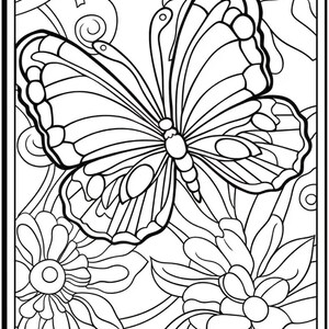 May include: A black and white line drawing of a butterfly with intricate details. The butterfly is surrounded by flowers and leaves.