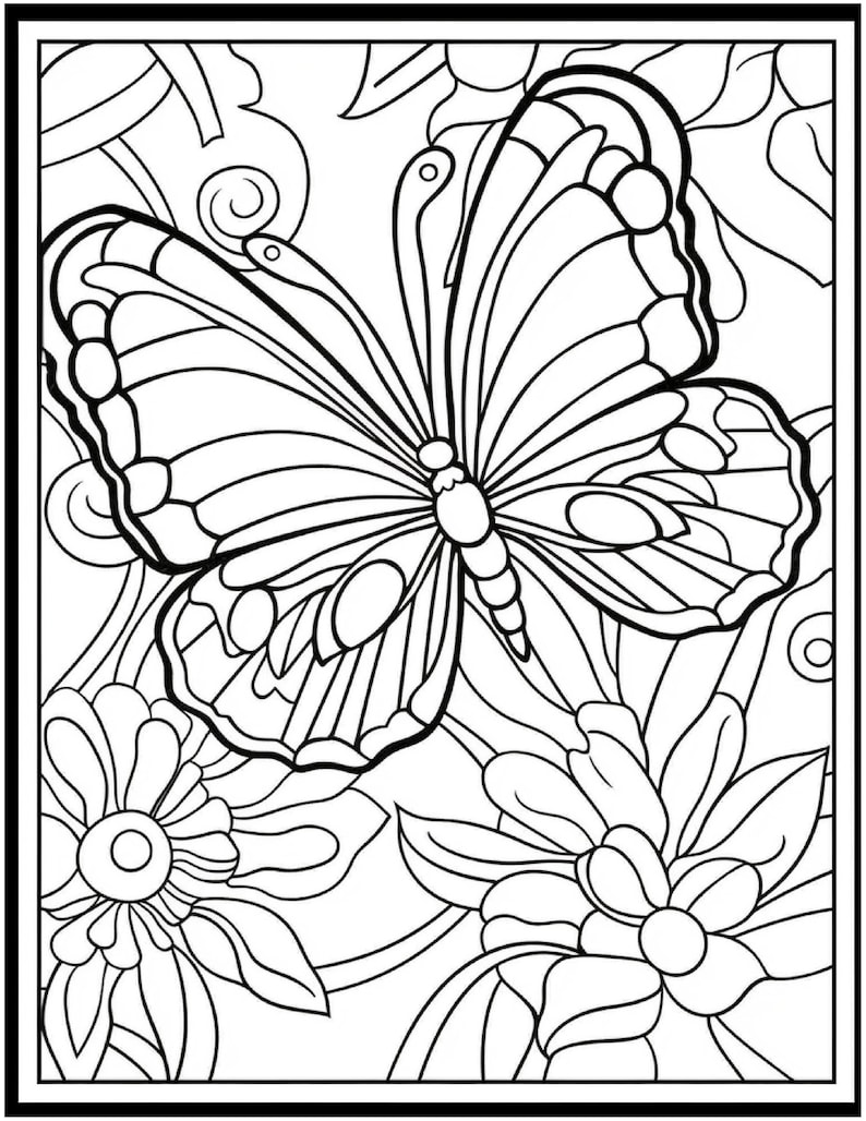 May include: A black and white line drawing of a butterfly with intricate details. The butterfly is surrounded by flowers and leaves.