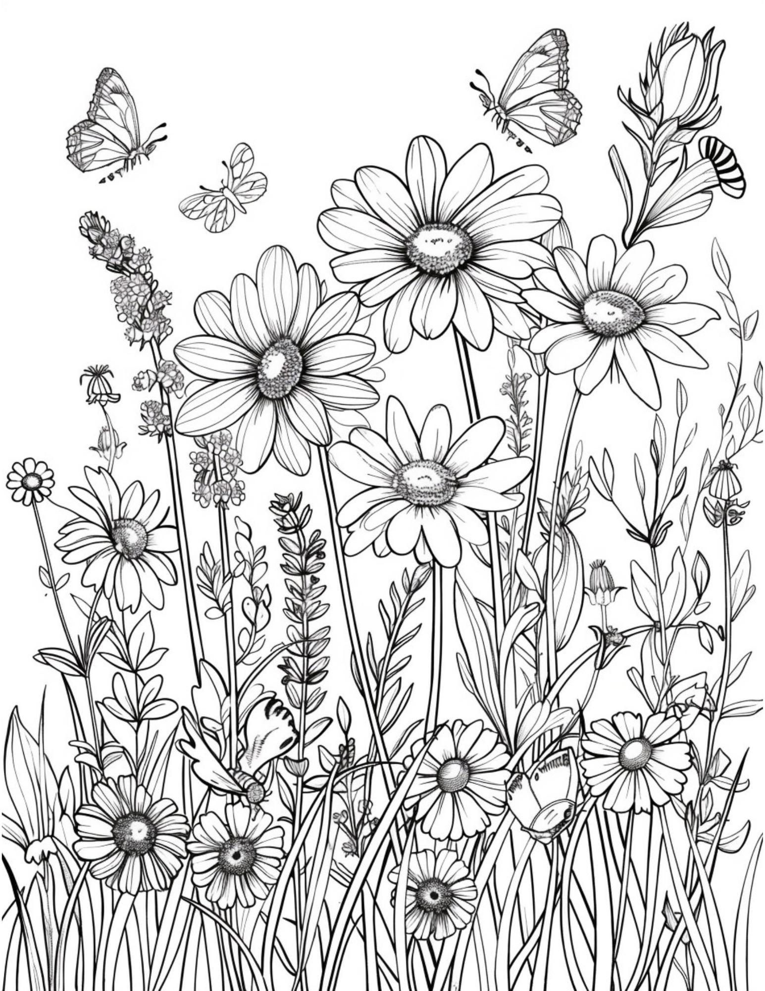 50 páginas para colorear de flores silvestres imprimibles para adultos — Hojas PDF antiestrés