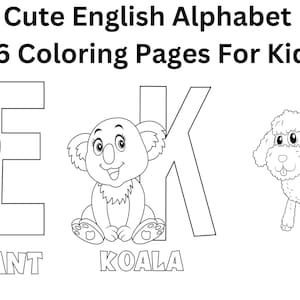 Cute English Alphabet Animals Coloring Pages,Kids Printable Coloring Pages ,Children Alphabet Colouring Book - Digital Download
