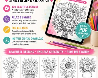 Flowers Coloring Pages for Adults and Kids, Stress Relief (Pdf Digital Download)
