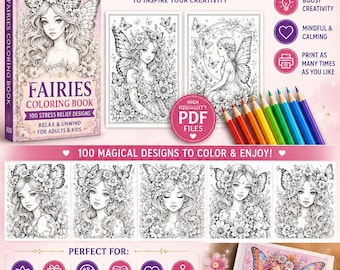 Fairies Coloring Book for Adults: 100 Printable Stress Relief Designs (Digital Download)