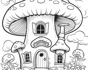 Fantasy Mushroom House Coloring Pages: Stress Relief (Digital Download)