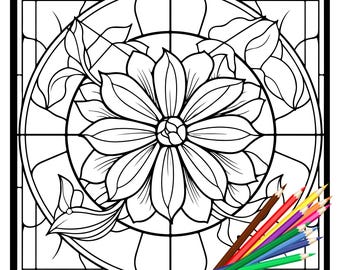 Flower Stained Glass Coloring Pages: 100 Designs for Stress Relief (Digital Download)