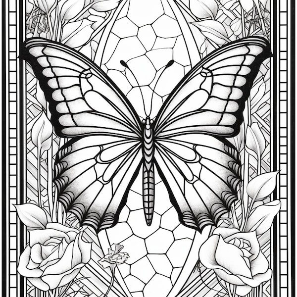 100 Stained Glass Butterflys Pages ,Coloring Book for Adults and Kids Vol 2- Digital Download,Instant Download