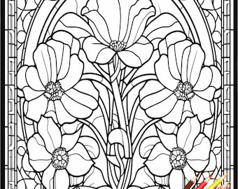 Flower Stained Glass Coloring Pages: 125 Designs for Relaxation (Digital Download)