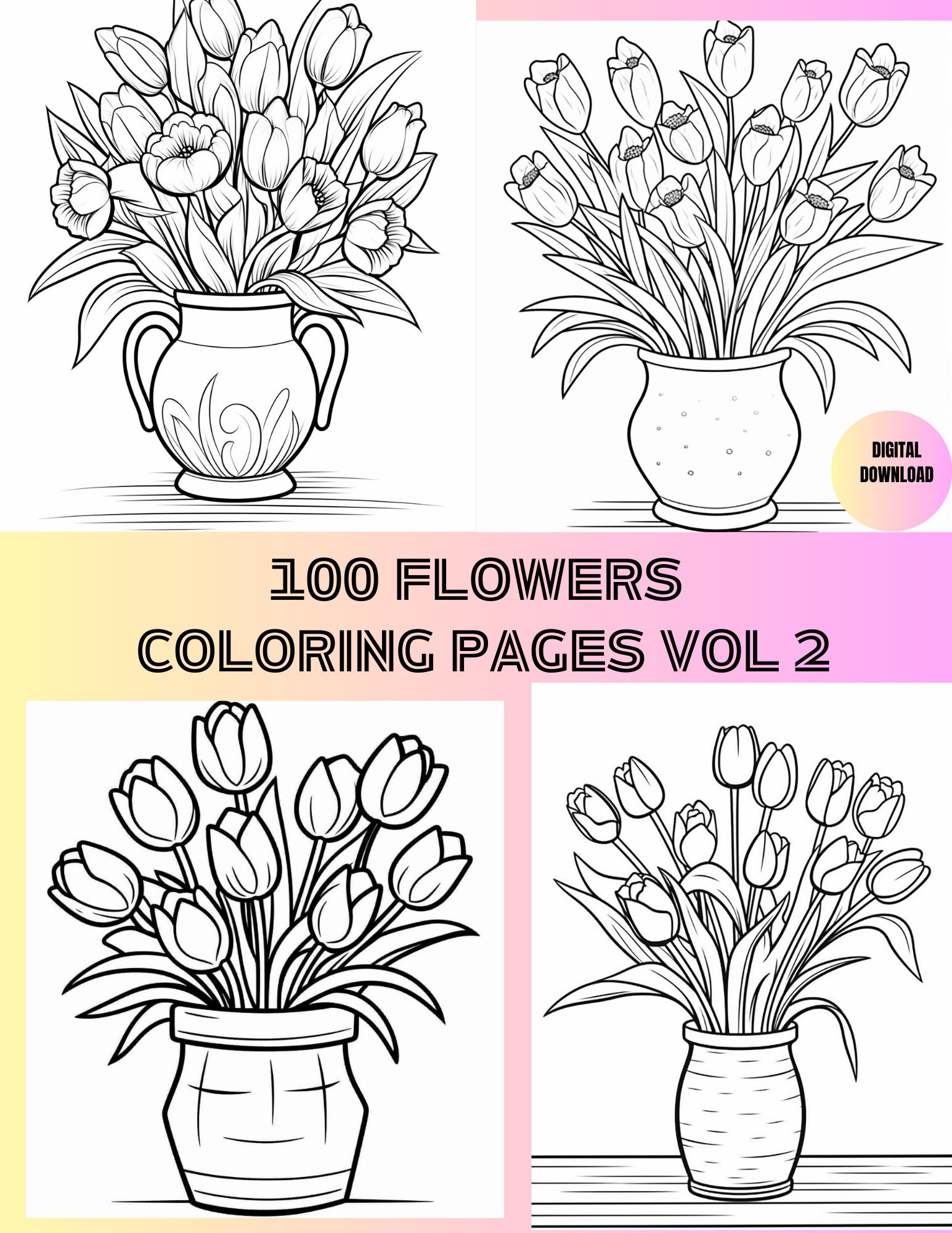 Flowers Coloring Pages for Adults and Kids, Stress Relief (pdf Digital ...