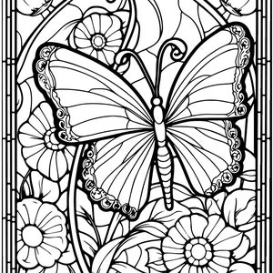 May include: A black and white line art illustration of a butterfly with intricate details, surrounded by flowers. The butterfly has large wings with a detailed pattern and a long body. The flowers are stylised and have multiple petals.