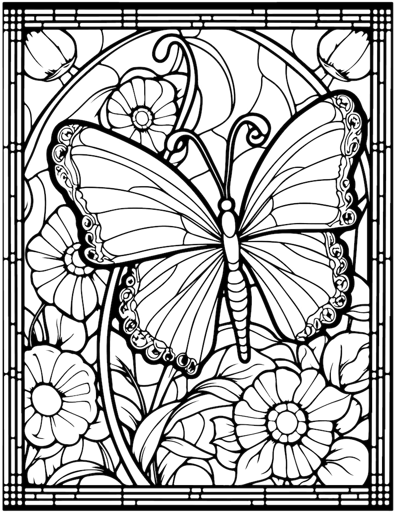 May include: A black and white line art illustration of a butterfly with intricate details, surrounded by flowers. The butterfly has large wings with a detailed pattern and a long body. The flowers are stylised and have multiple petals.