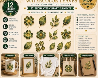 Magical Watercolor Leaves Clipart, Cosmic Boho Spiritual Graphics (Digital Download)