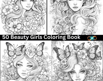Beauty Girls Coloring Book: 50 Floral Designs (Digital Download)