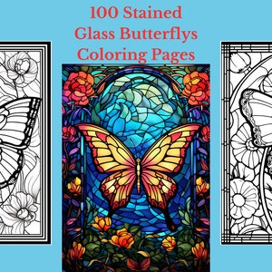 100 pages à colorier imprimables en vitrail papillon, livre de coloriage pour adultes, téléchargement numérique, téléchargement immédiat