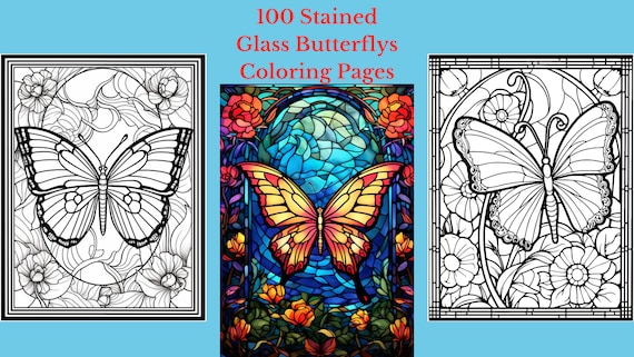 100 Stained Glass Butterfly Coloring Pages: Relaxing Adult Coloring Book (Digital Download)