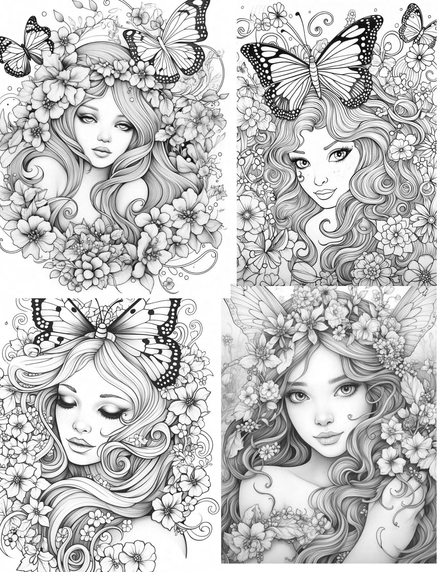 100 Butterfly Girls Pages Coloring Book Vol 2 for Adults and Kids ...