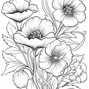 May include: A black and white line drawing of a bouquet of poppies. The flowers are in full bloom and have delicate petals. The stems are long and slender, and the leaves are green and lush.