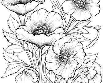 50 Flowers Coloring Pages: Stress Relief Floral Art (PDF Download)