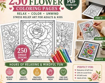 Stained Glass Flower Coloring Pages: 250 Stress Relief Designs (Digital Download)