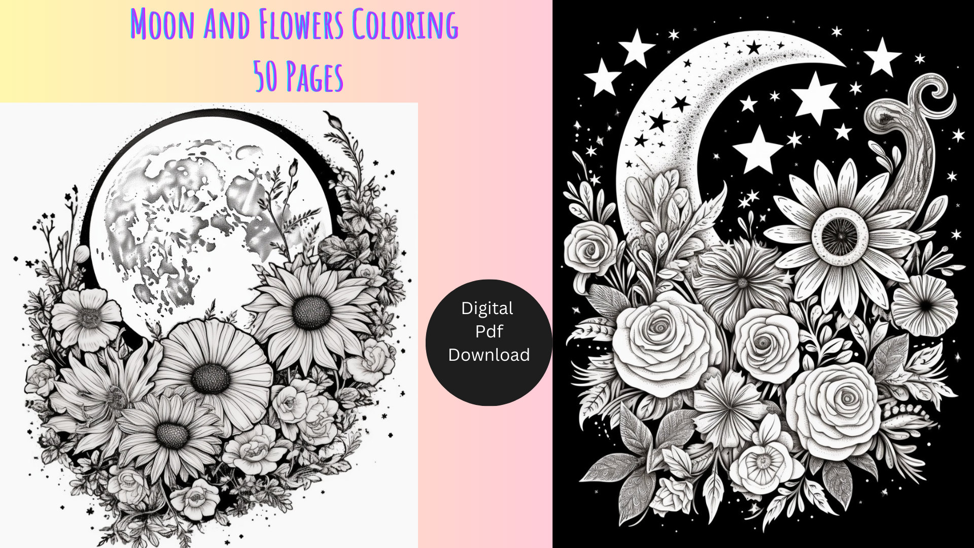 50 Moon and Flowers Pages Coloring Book for Adults and Kids Digital ...