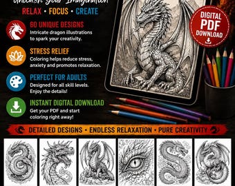 60 Dragon Coloring Pages: Intricate Adult Designs (Digital Download)