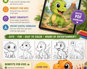 Dinosaur Coloring Pages for Kids, 50 Page Printable Book (Digital Download